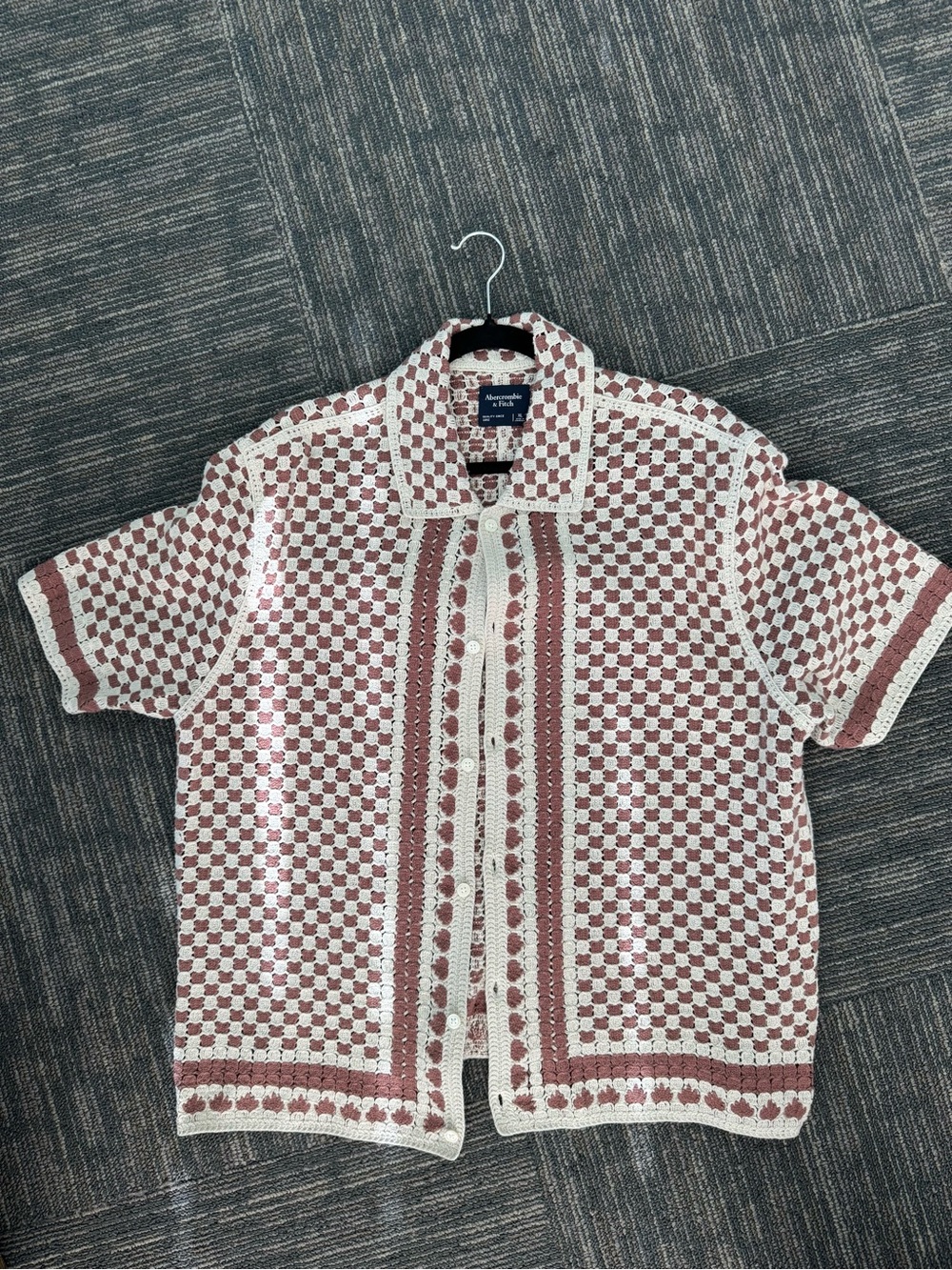 Abercrombie & Fitch Cream and Brown Check Knit Short-Sleeve Button Shirt